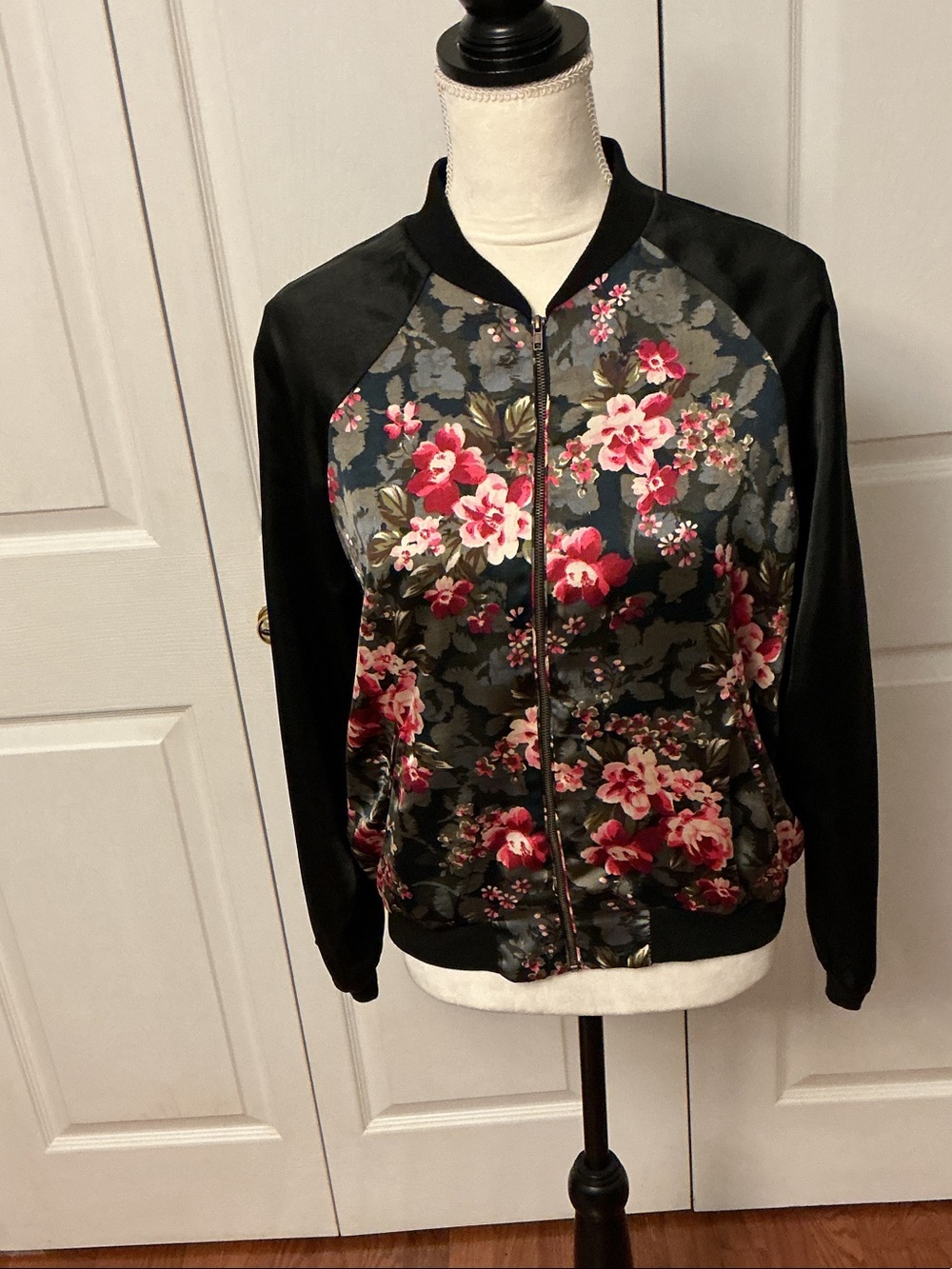 Women's Floral Satin Bomber Jacket - Black with Pink Floral